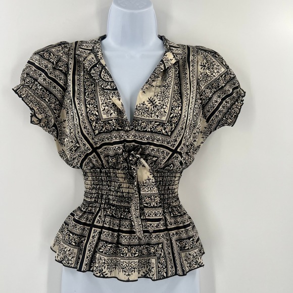 PAPAYA Small Y2K Smocked Waist Blouse Baroque Print Black Beige Puff Sleeve - Picture 1 of 10